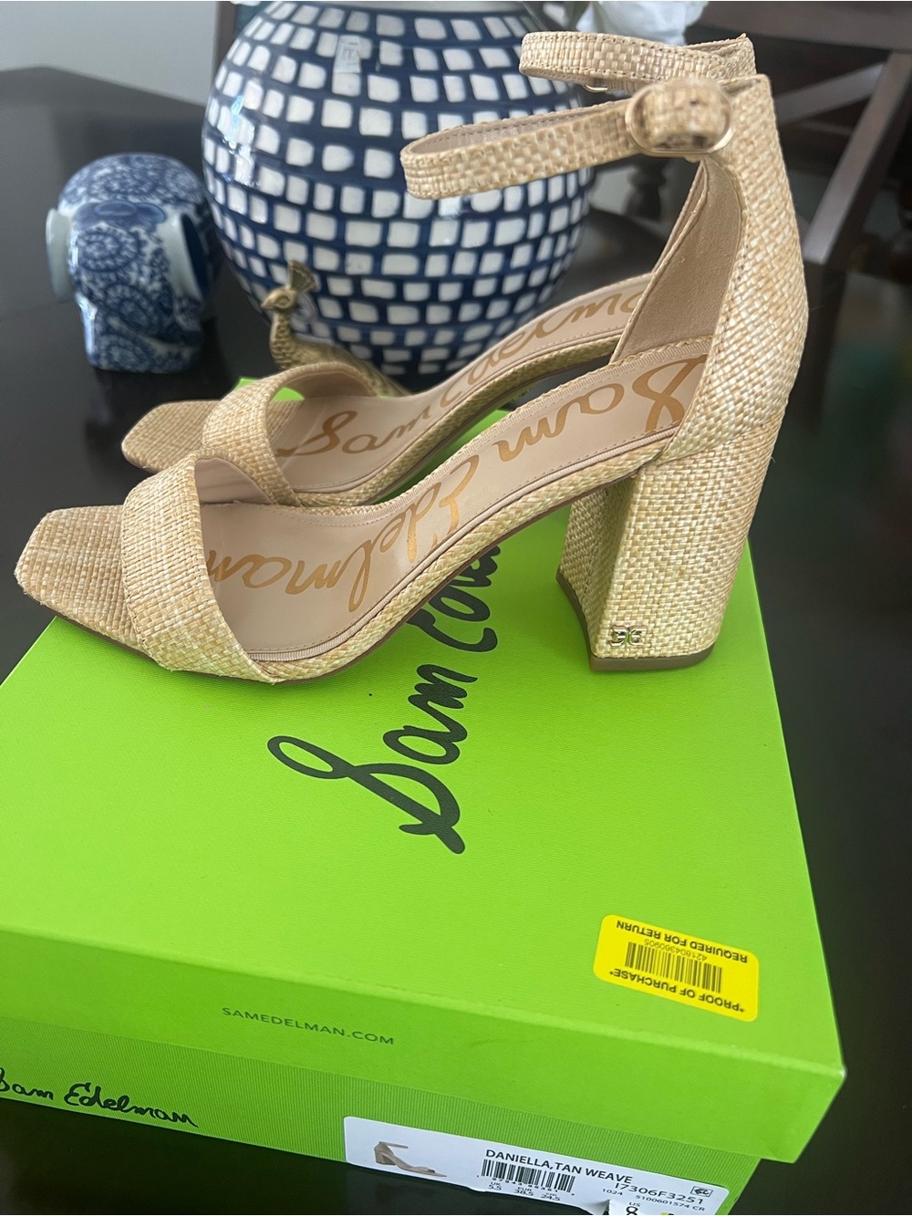 Sam Edelman Beige Woven Ankle-Strap Block Heel Sandals - Picture 2 of 6